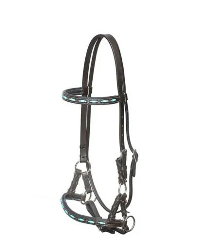 Sidepull aus dunkel ge�ltem Leder mit t�rkisen Verzierungen am Pferdekopf