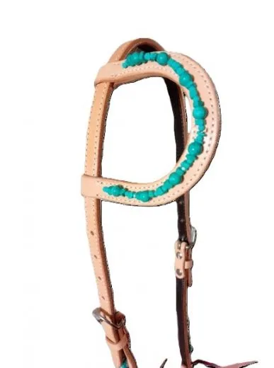 Western One Ear Kopfst�ck aus naturfarbenem Leder mit t�rkisen Steinen und geschwungenem Design