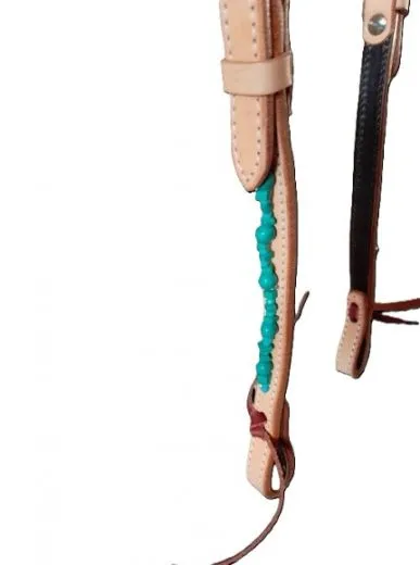 Western One Ear Kopfst�ck aus naturfarbenem Leder mit t�rkisen Steinen und geschwungenem Design