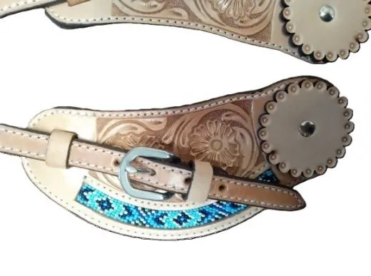 Western Sporenriemen aus Leder mit Flower-Punzierung und Perlen-Design