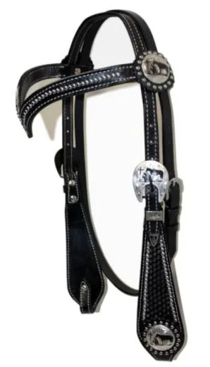 Black Headstall V-Shaped aus schwarzem Leder mit silbernen Conchos und dekorativem V-Stirnband