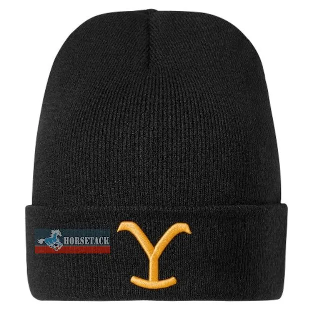 Schwarze Strickbeanie mit gelbem „Y“-Branding der Yellowstone-Kollektion von Stars & Stripes, Unisex-Design in Einheitsgre.