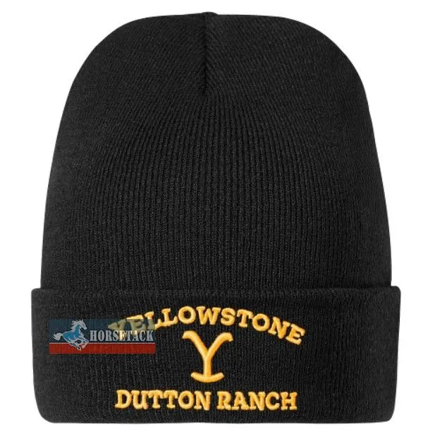 Schwarze Strick-Beanie mit gelber Dutton-Ranch-Stickerei („Yellowstone“), Stars & Stripes, One Size.