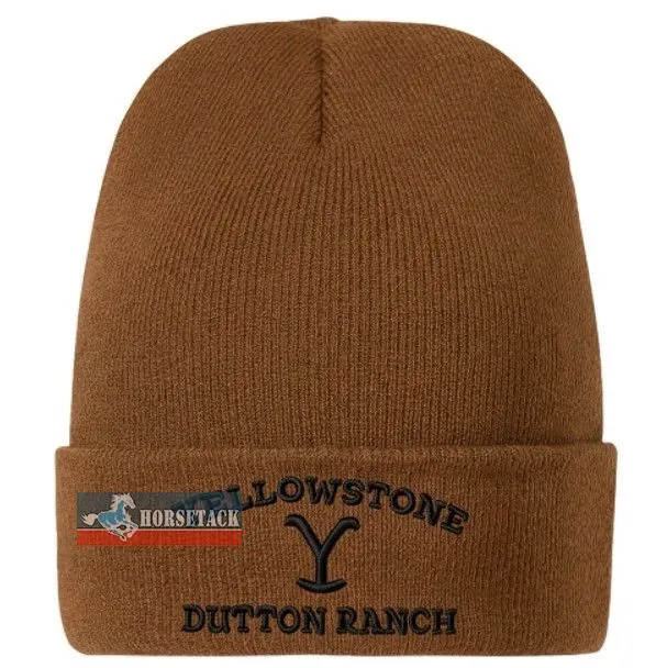 Gelber Strick-Beanie mit schwarzer Dutton-Ranch-Stickerei („Yellowstone“), Stars & Stripes, One Size.