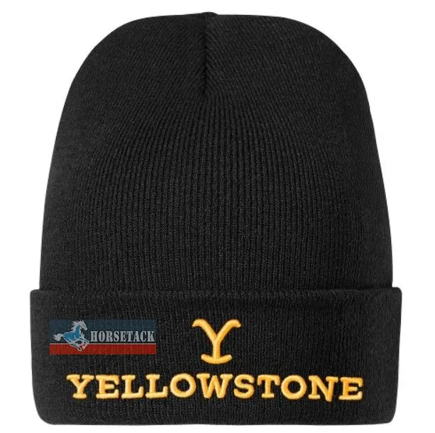 Schwarze Strick-Beanie mit gelber Dutton-Ranch-Stickerei („Yellowstone“), Stars & Stripes, One Size.
