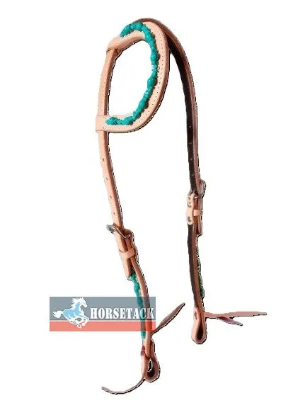 Western One Ear Kopfst�ck aus naturfarbenem Leder mit t�rkisen Steinen und geschwungenem Design