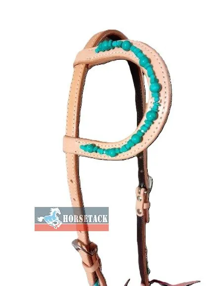 Western One Ear Kopfst�ck aus naturfarbenem Leder mit t�rkisen Steinen und geschwungenem Design