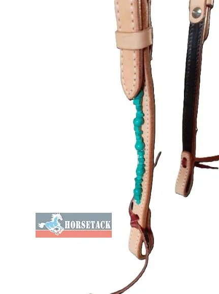 Western One Ear Kopfst�ck aus naturfarbenem Leder mit t�rkisen Steinen und geschwungenem Design