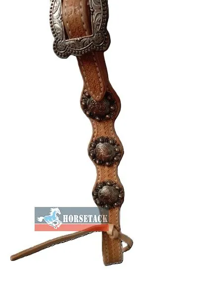 Western One Ear Kopfst�ck aus Naturleder mit Conchos und verstellbaren Backenst�cke