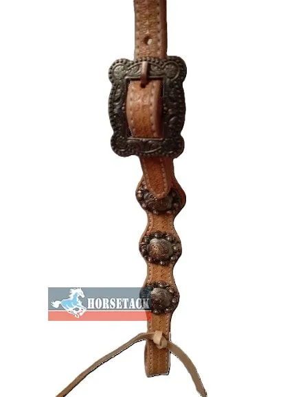 Western One Ear Kopfst�ck aus Naturleder mit Conchos und verstellbaren Backenst�cke