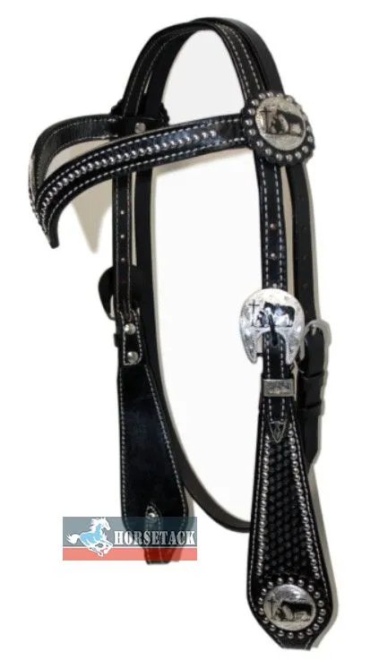 Black Headstall V-Shaped aus schwarzem Leder mit silbernen Conchos und dekorativem V-Stirnband