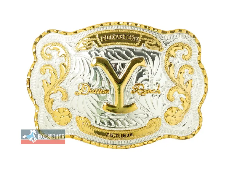 Aufwendig verzierte Yellowstone Dutton Ranch G�rtelschnalle im klassischen Western- und Cowboy-Stil mit silberfarbener Grundfl�che, goldfarbenen Ornamenten und markantem Y-Motiv in der Mitte. Die Buckle zeigt au�erdem die Schriftz�ge „Yellowstone