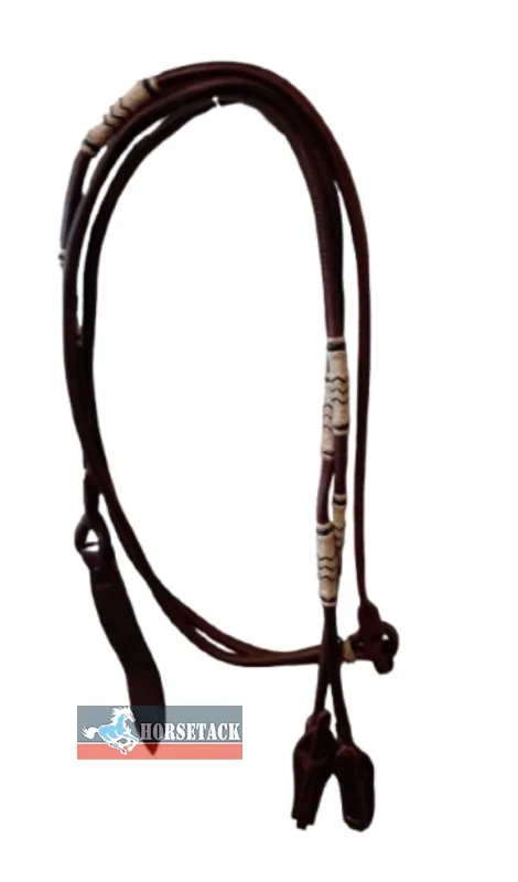Ranch Line Romal Reins aus rundgen�htem und ge�ltem Leder mit Rohhaut-Details und klassischem Romal-Ende – hochwertige Westernz�gel f�r Vaquero, Reining, Ranch Riding und Rinderarbeit.