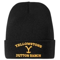 Schwarze Strick-Beanie mit gelber Dutton-Ranch-Stickerei („Yellowstone“), Stars & Stripes, One Size.
