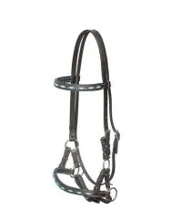 Sidepull aus dunkel ge�ltem Leder mit t�rkisen Verzierungen am Pferdekopf