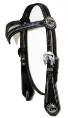 Black Headstall V-Shaped aus schwarzem Leder mit silbernen Conchos und dekorativem V-Stirnband