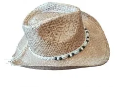 Der Hut Sunset 2 ist ein naturfarbener Western-Cowboyhut mit klassischer, markanter Westernform und breiter Krempe. Das gewebte Naturmaterial zeigt eine charakteristische rustikale Struktur. Ein dekoratives Hutband mit abwechselnd schwarzen und naturfarbe